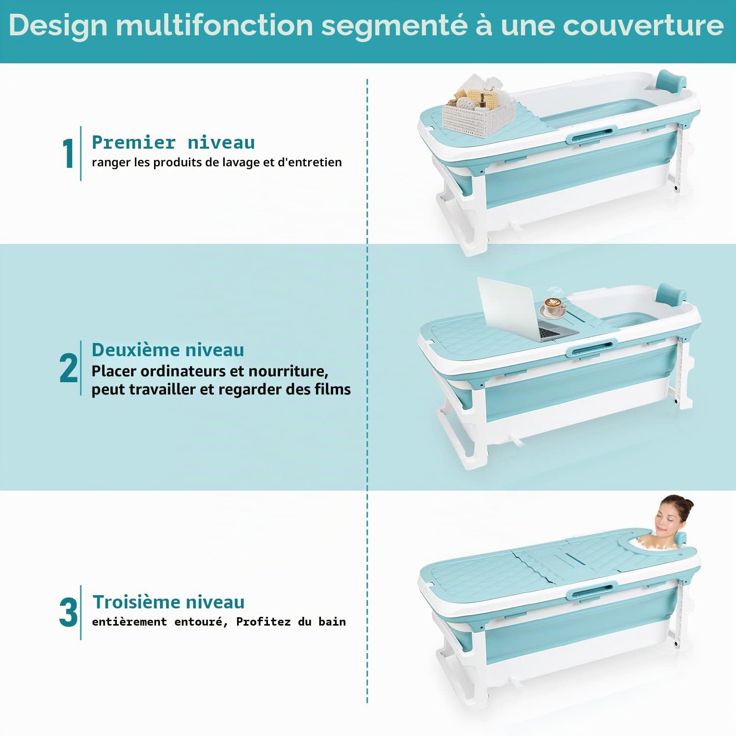 Baignoire pliable XXL pour adulte - 149 x 60 x 50 cm - Avec couvercle - Baignoire mobile pliable avec panier pour salle de bain, douche et balcon