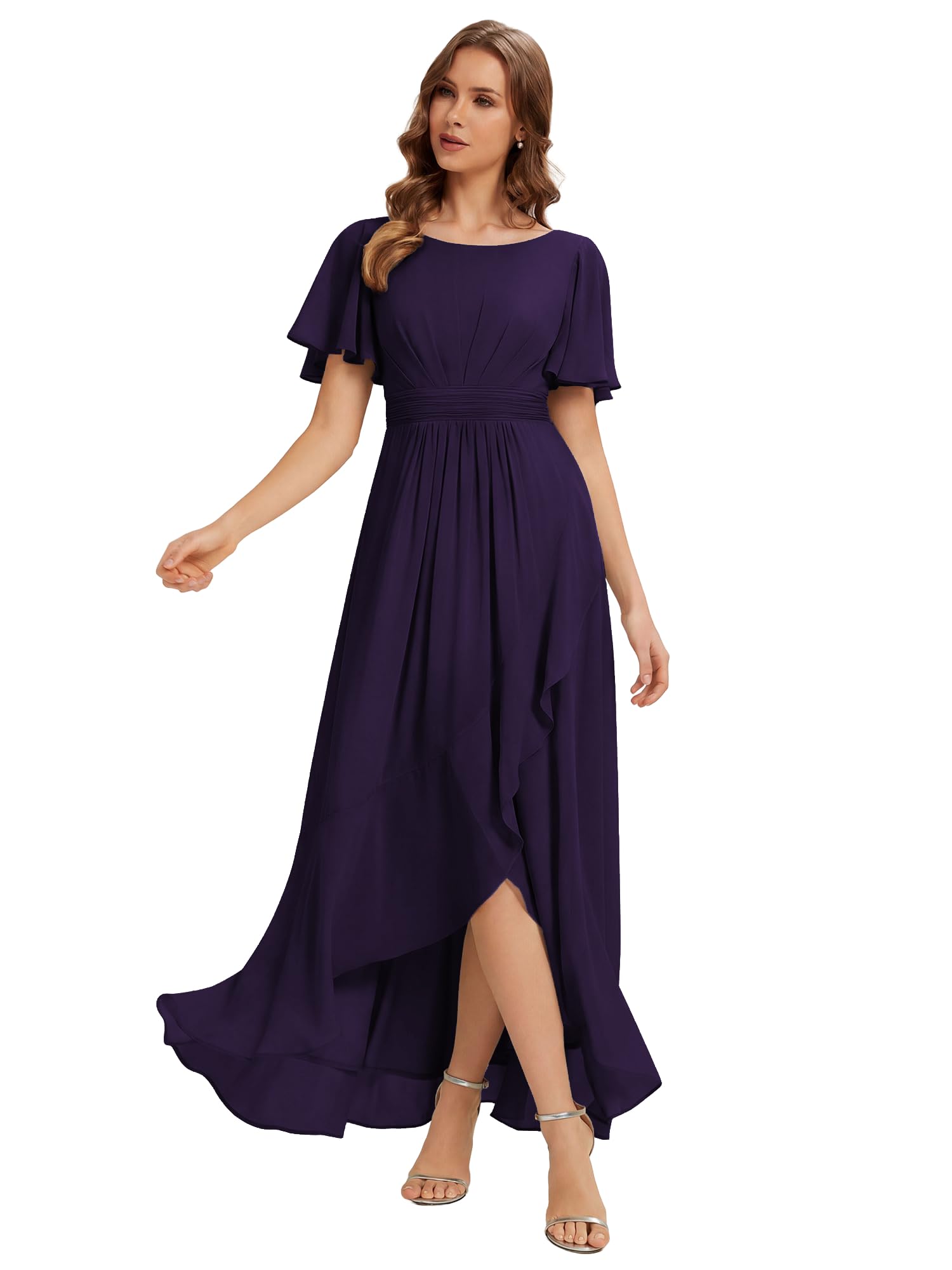 Ever-Pretty Robes de Demoiselle d'honneur Col Ronde Manches Courtes Mousseline High-Low Ourlet asymétrique ES02708