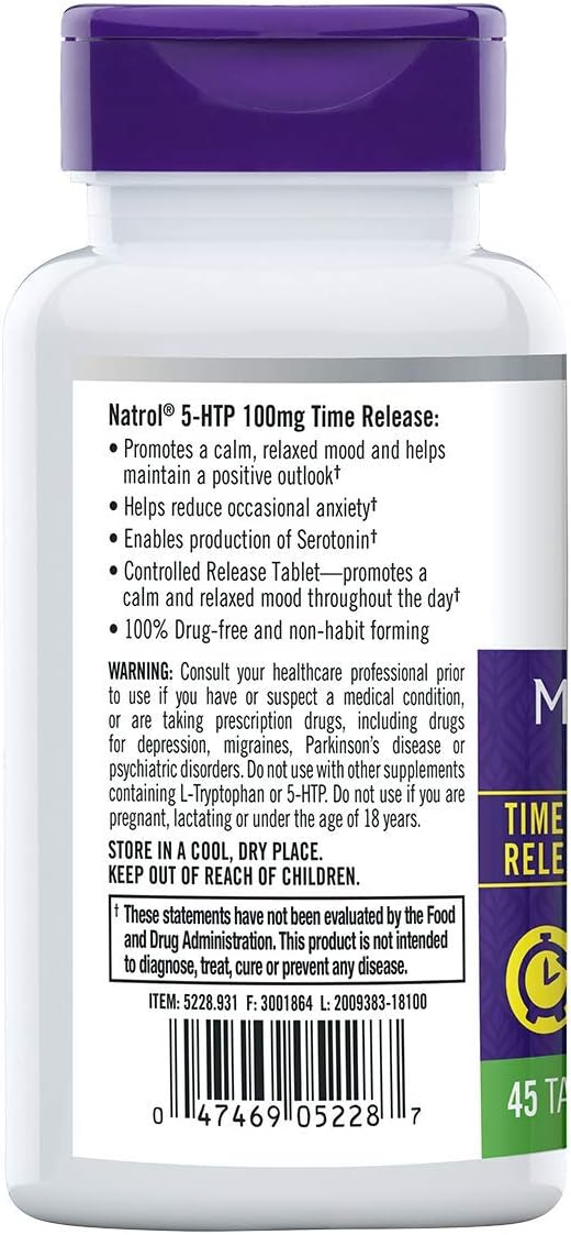 Natrol 5-HTP Time Release Tablets, Promotes a Calm Relaxed Mood, Helps Maintain a Positive Outlook, Drug-Free, Controlled Release, Maximum Strength, 100mg, 45 Count : Health & Household