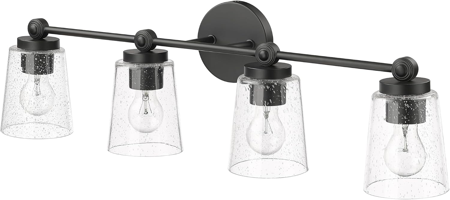 ML Lighting | Lauryn Collection | 22004-MB | 4 Light Vanity in Matte Black Finish with Clear Seeded Glass Shade | Versatile Design That adds High-End Texture and Elegance to Your Bathroom