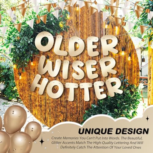 Image of Fulmoon Set of 3 Pre Strung Older Wiser Hotter Glitter Banner Funny Birthday Banner for Women 30th 40th 50th 60th 70th 80th Birthday Party Decorations Sign Gift(Shiny Champagne Gold)