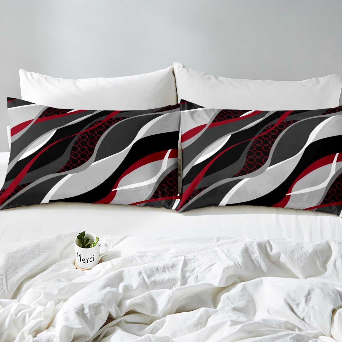 Red Grey Duvet Cover Set Double Size, Abstract Wavy Stripe Circle Comforter Cover with 2 Pillowcases - Image 4