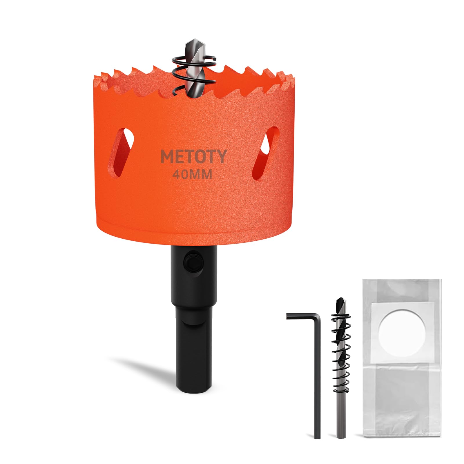 METOTY 40mm Bi-Metal Hole Saw,Universal HSS M42 Hole Saws,with Triangular Shaft Adapter and Centring Drill, One Free Dust Bag for Aluminum, Metals, Plastics, Acrylic Glass, Wood, Gypsum board