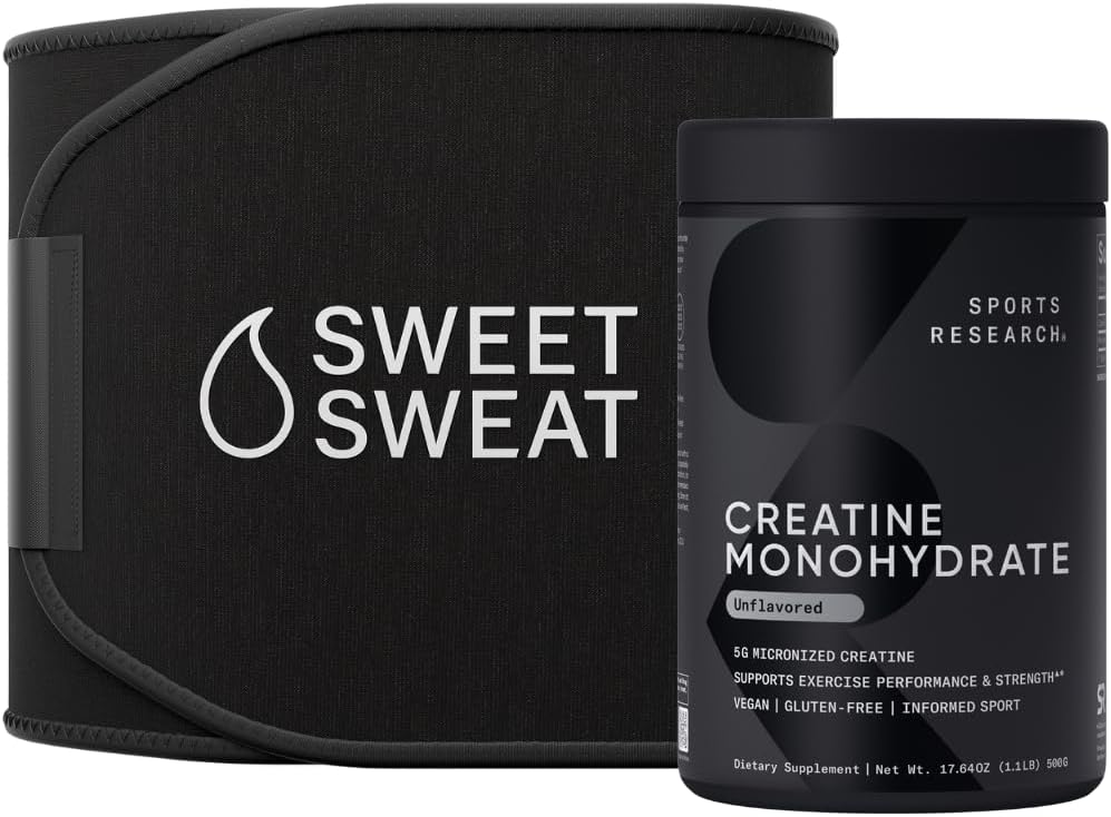 Sports Research Training Performance Pack - Creatine Monohydrate and Sweet Sweat Waist Trimmer Extra-Coverage (Large)