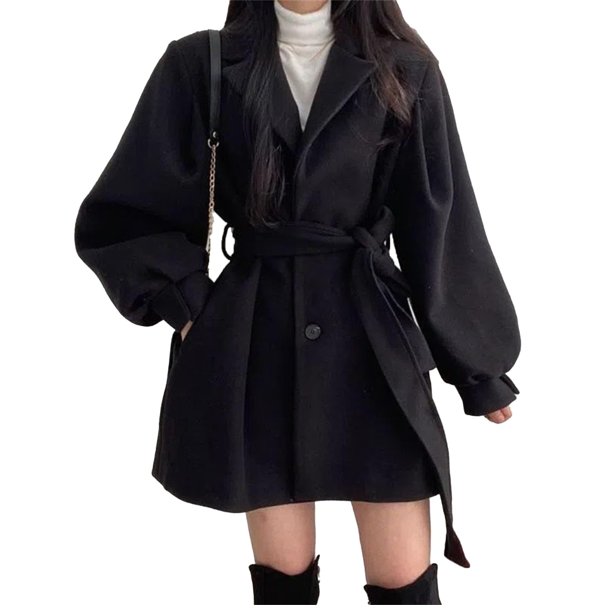 Womens Belted Trench Coat Suit Collar Lantern Sleeve Winter Wool Coats Single Breasted Midi Peacoat Overcoat
