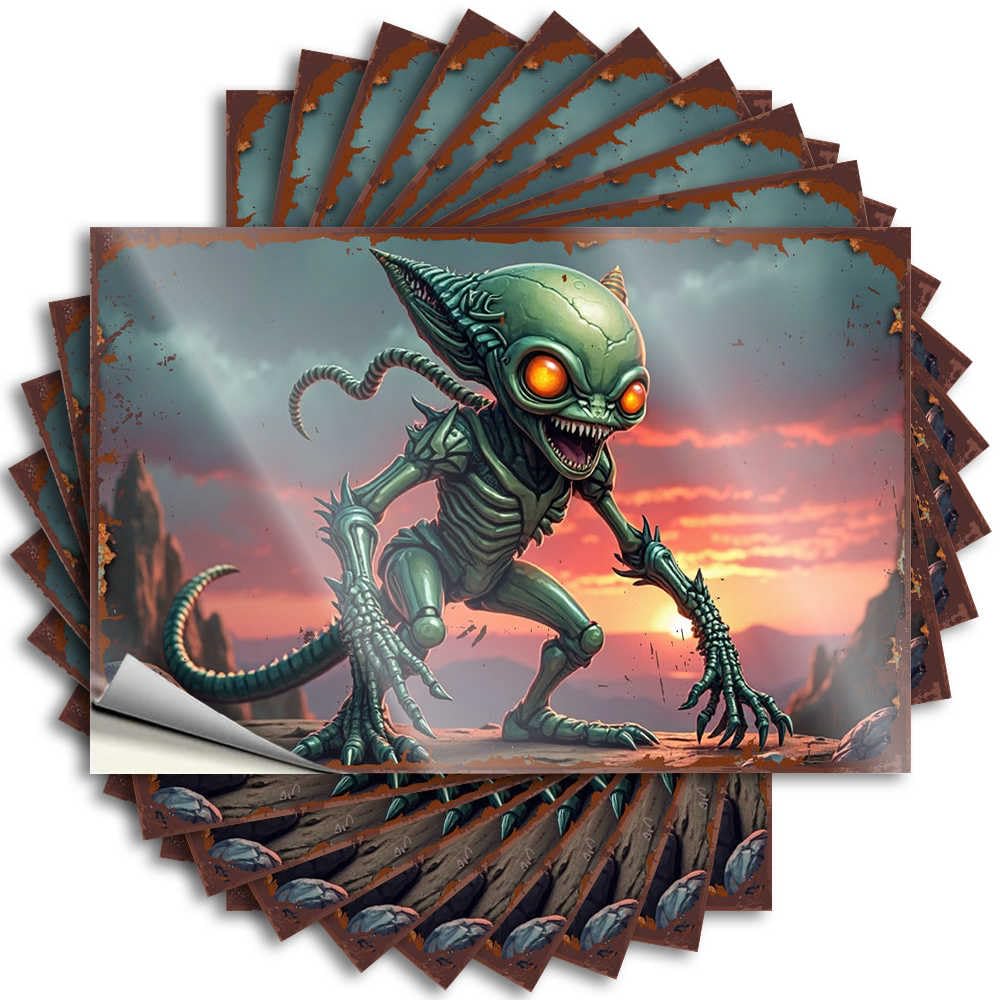 Green Alien Monster with Orange Eyes in A Dramatic Sunset Scene Tall Front Door Decor - Decals Hat Removable Vinyl Decal(6X9CM)