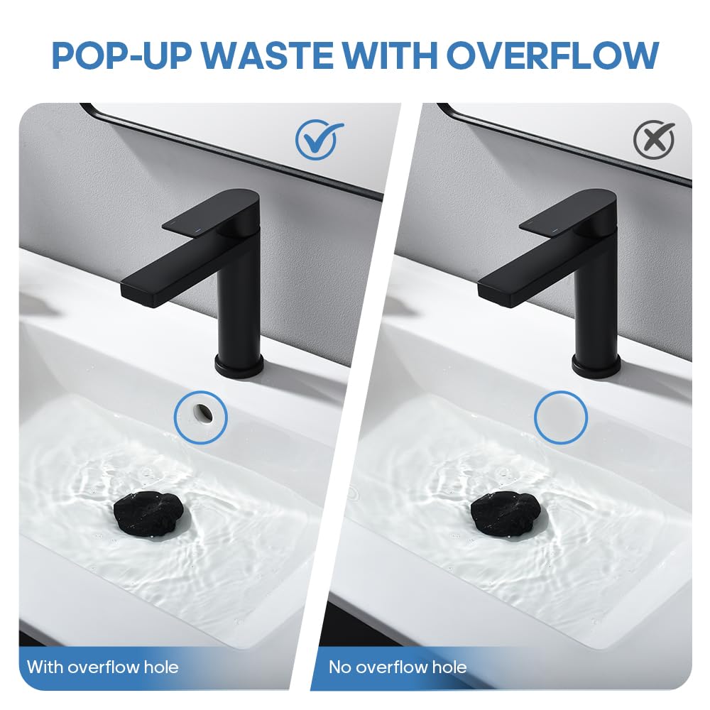Decaura Grifo de baño con desagüe G1' 1/4 pop-up, pequeño grifo de lavabo con caño de altura 130 mm, grifo mezclador de acero inoxidable con desagüe (negro)