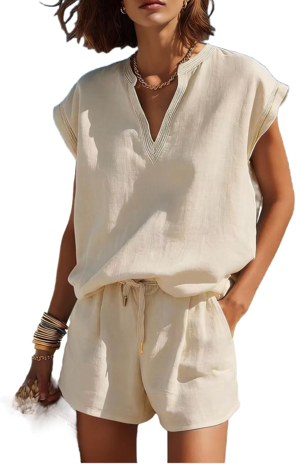 REASERAL Womens Casual 2 Piece Outfits Cap Sleeve V Neck Top and Shorts Sets Loose Fit Beach Vacation Outfits Summer Clothing