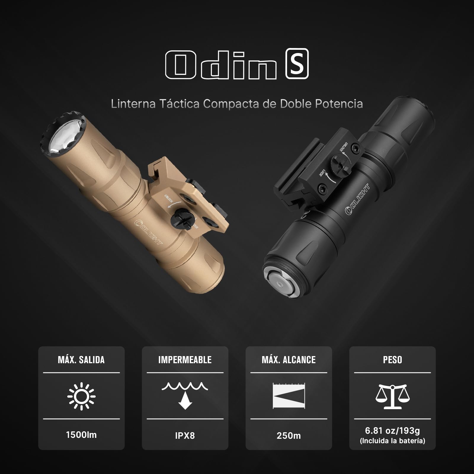 OLIGHT Odin S Linterna Táctica Potente Recargable Adaptación de Picatinny 1500 Lúmenes 250 Metros con Interruptor de Presión Remoto Mejorado IPX8 (Negro)