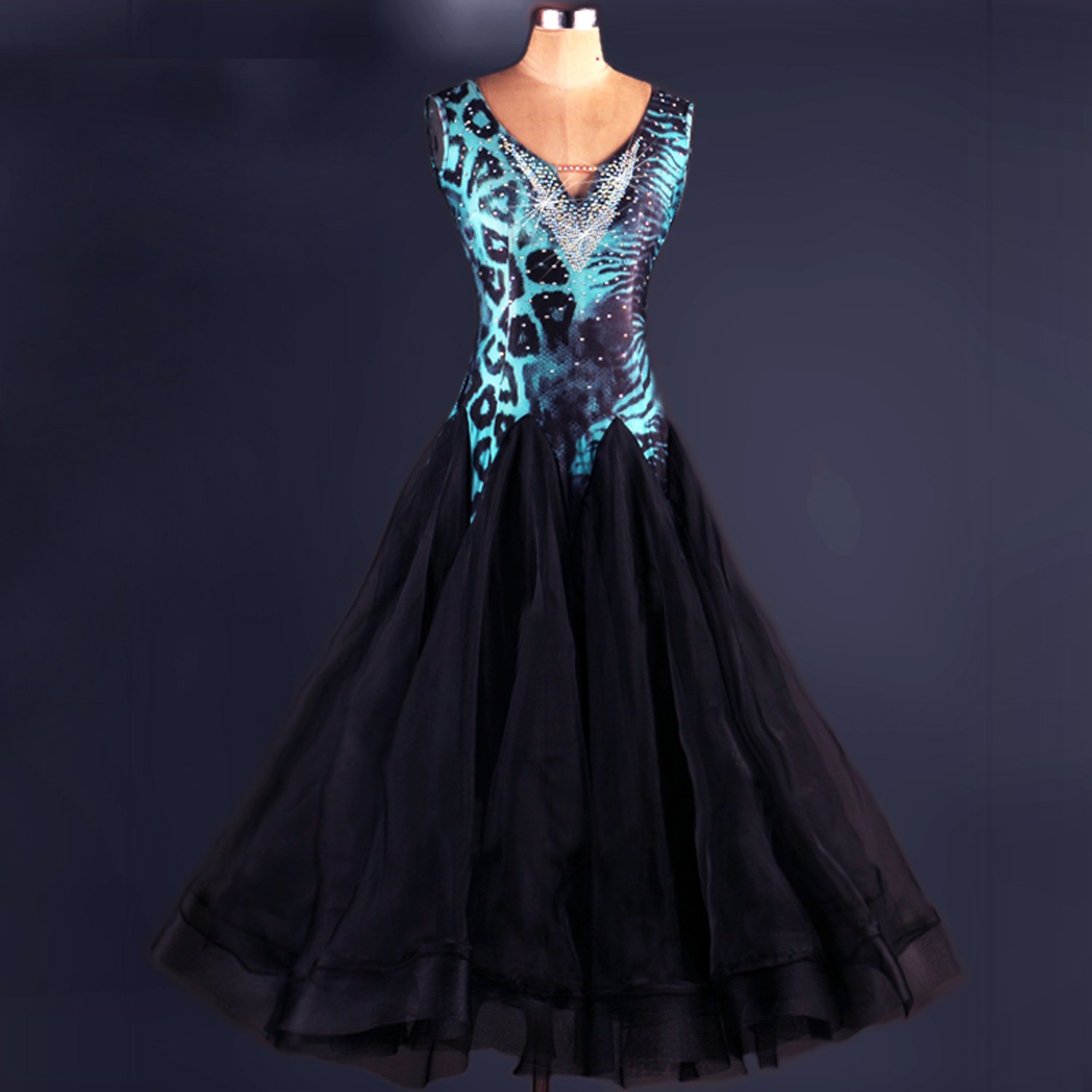 YC Bene Donne Danza Moderna Standard da Ballo Concorrenza Abiti Leopardo Strass, Collo a V Danza Costumi espansione Gonna per Donne Performance Tango Valzer Abiti Leopard M