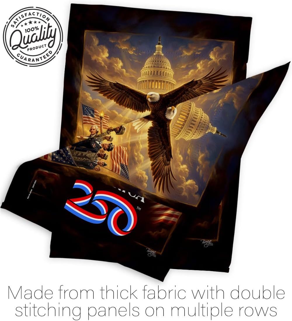America 250 Flag Justice & Service Independence Day Wall Tapestry House Banner Official Licensed Merchandise Canvas Prints Yard Sign Textile Woven Fabric Poster USA 250th Anniversary Decoration Gift