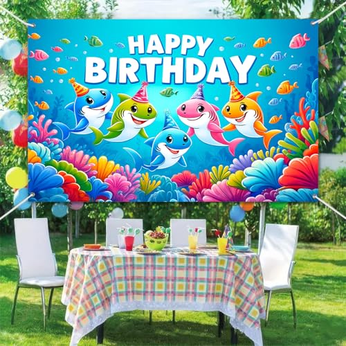 Image of HOMETITUTE Happy Birthday Banner Under The Sea Backdrop 96x72 Inch Ocean Theme Party Decrations Background Decoration with Sharks for Kids Photo Booth Celebration for Girls or Boys