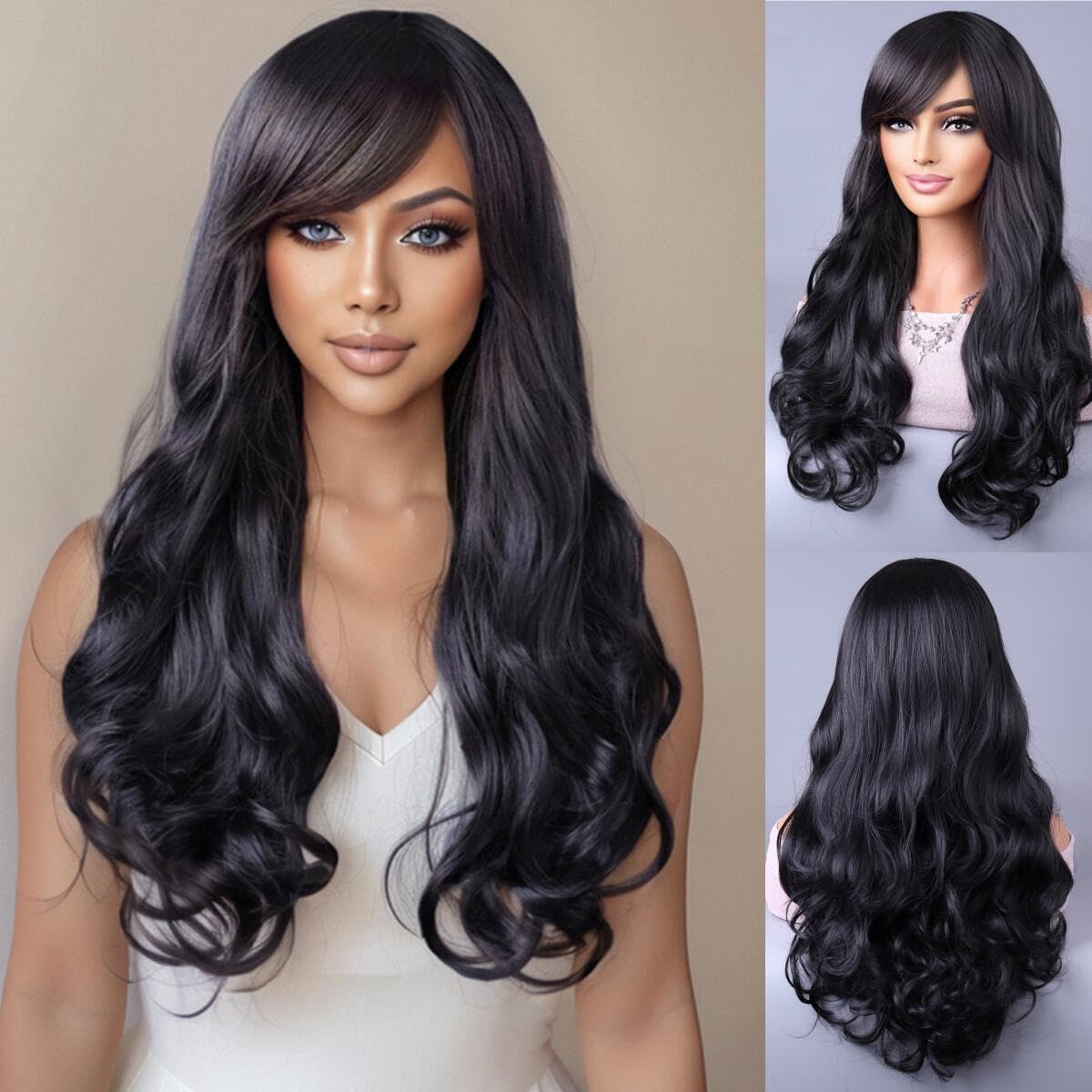 Aneshe Black Wigs For Women Long Curly Wavy Synthetic Wig