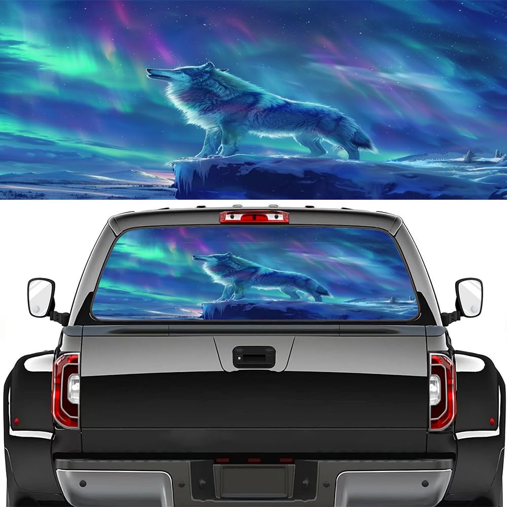 Northern Lights Wolf Rear Window Decal Wrap Graphic, Nature Aurora Snowy Mountain Animal Vinyl Window Film Truck Back Window Decals,Pickup Trucks Back Window Stickers 66 x 22 inch
