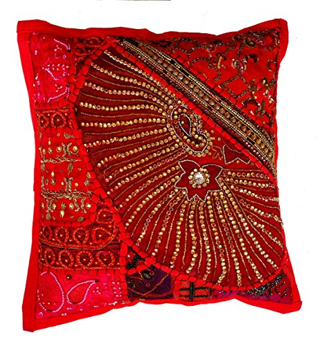 Rastogi Handicrafts Fundas de almohada decorativas, funda de cojín de algodón bordada, funda de cojín de retazos, funda de cojín tradicional india hecha a mano (rojo)