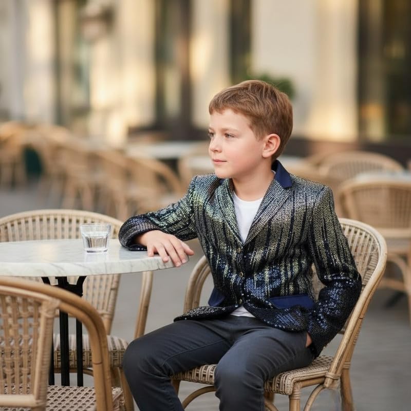 Boys' Iridescent Sequins Blazer Single Breasted 3 Buttons with 2 Pockets Sparkly Formal Jacket for Boys