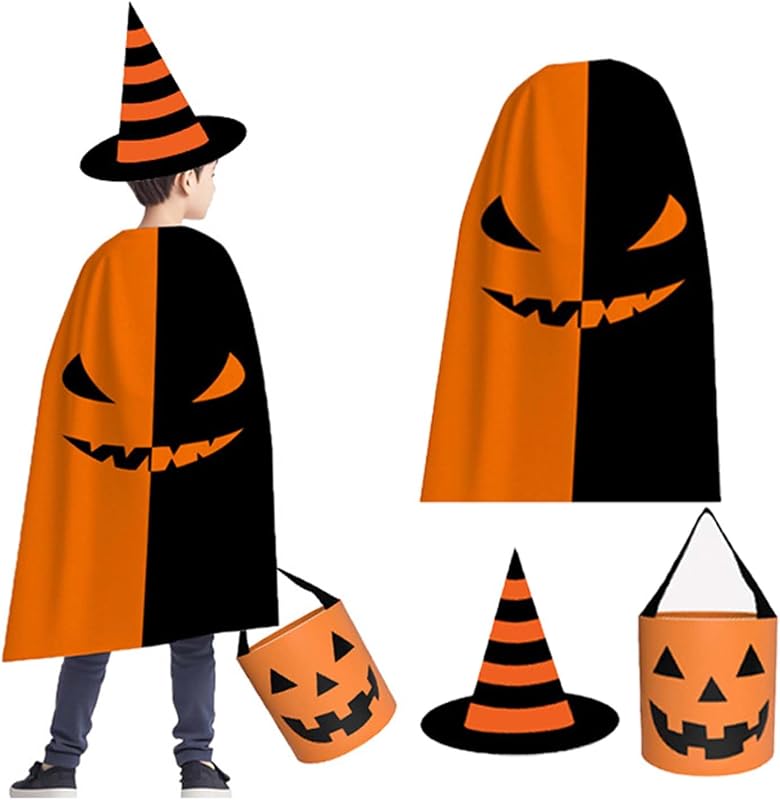 3 PIEZAS Poncho de calabaza de Halloween/Sombrero de bruja y bolsa de dulces de calabaza Disfraces de Halloween para fiesta