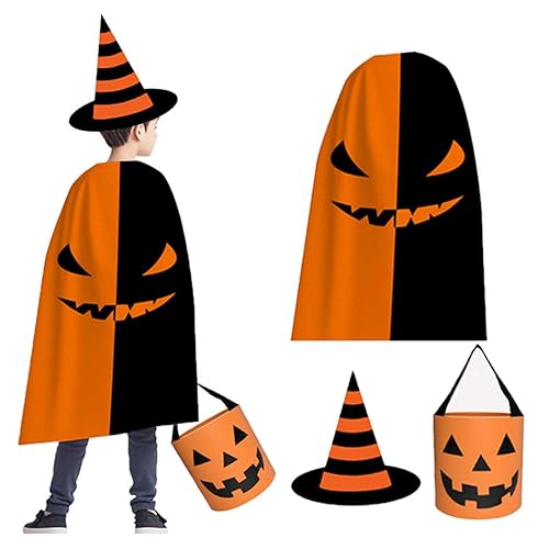 3PCS Halloween Pumpkin Poncho/Witch Hat and Pumpkin Candy Bag Halloween
