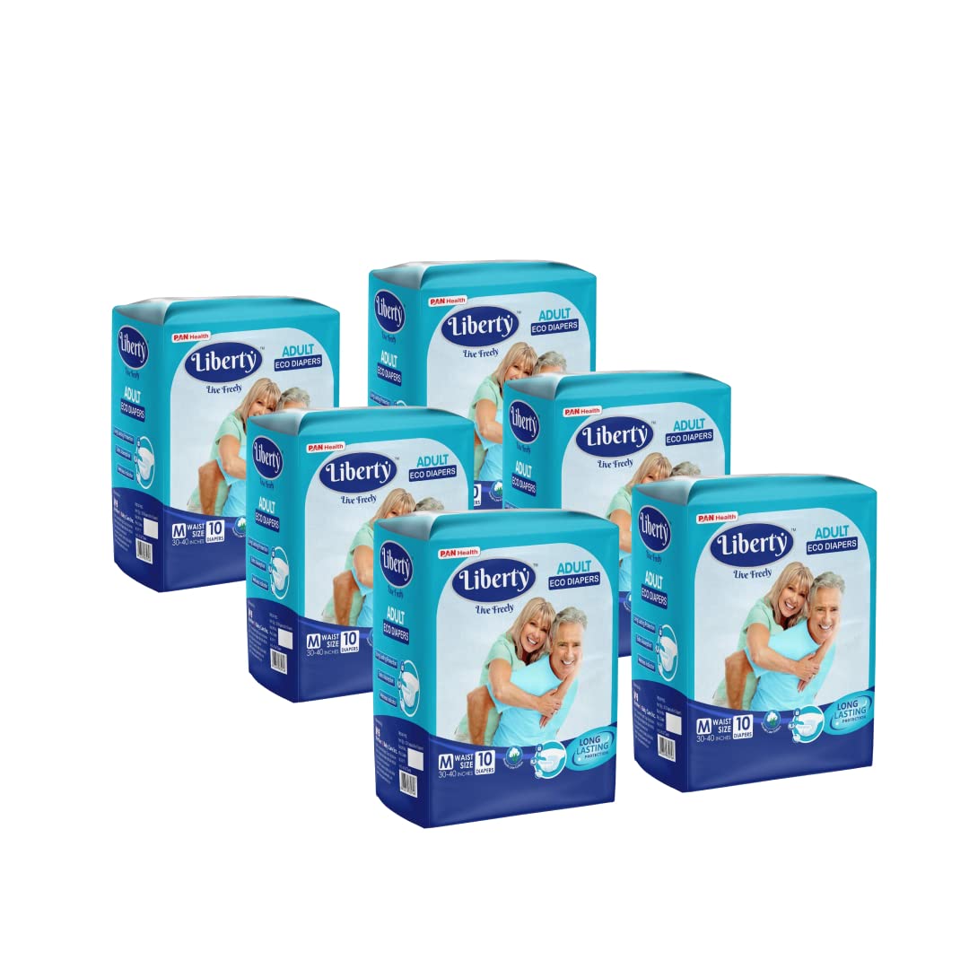 Liberty Popular Adult Diapers, Tape Style, Medium (M) Size, 60 Count, Waist Size (76-101cm | 30-40 inches), Unisex, High Absorbency, Leak Proof, Wetness Indicator, Pack of 6, 10 count/pack