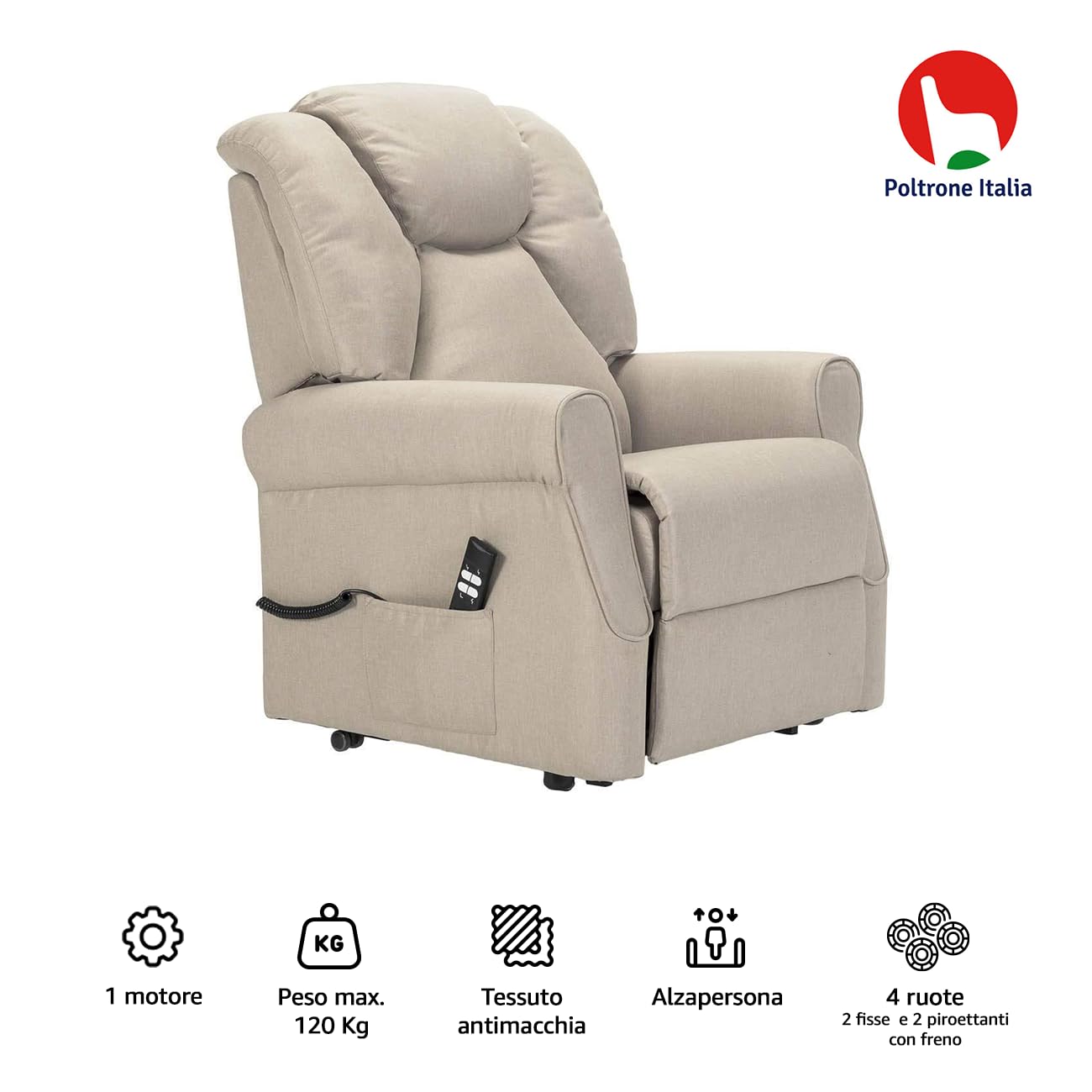 POLTRONE ITALIA Angela1 Fauteuil releveur Relax Dispositif Médical Vibromassage kit 4 Roues siège à Micro-Ressorts Doux résistant aux Taches Fauteuil électrique Fauteuil inclinable Gris Claire
