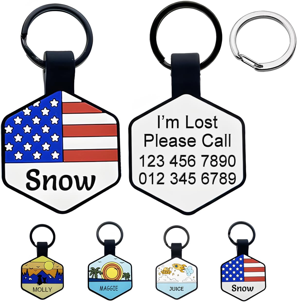 Silent Dog Tag, Personalized Engraved Silicone Pet ID Tag, Hexagon