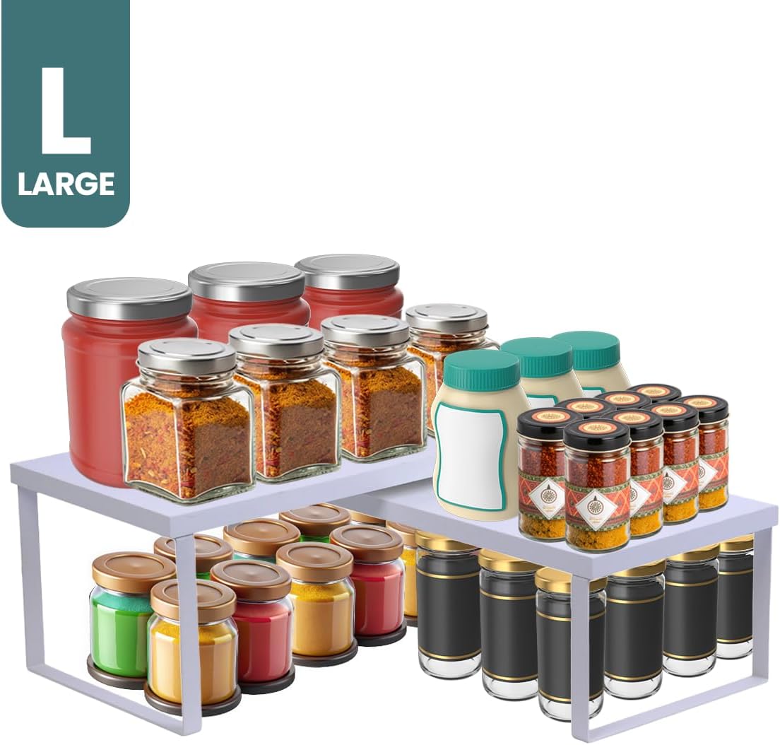 Sben Cabinet Organizer Shelf, Set of 2 Kitchen Counter Shelves, Kitchen Storage, Spice Rack, Stackable, Expandable, Metal and Engineered Wood, White