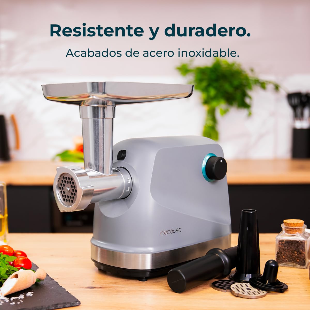 Cecotec Picadora Eléctrica de Carne Crusher 1400 Steel, 1360 W, Óptimo para Picar, Trocear y Cortar, 1 Cuchilla Acero Inox y 3 Placas de Corte con agujeros para 3 mm, 5 mm y 7 mm