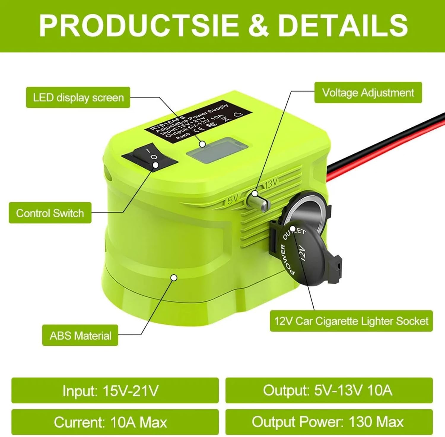 18V to12V Step Down Converter, Lighter Adapter Buck Adapter for Ryobi 18V Battery