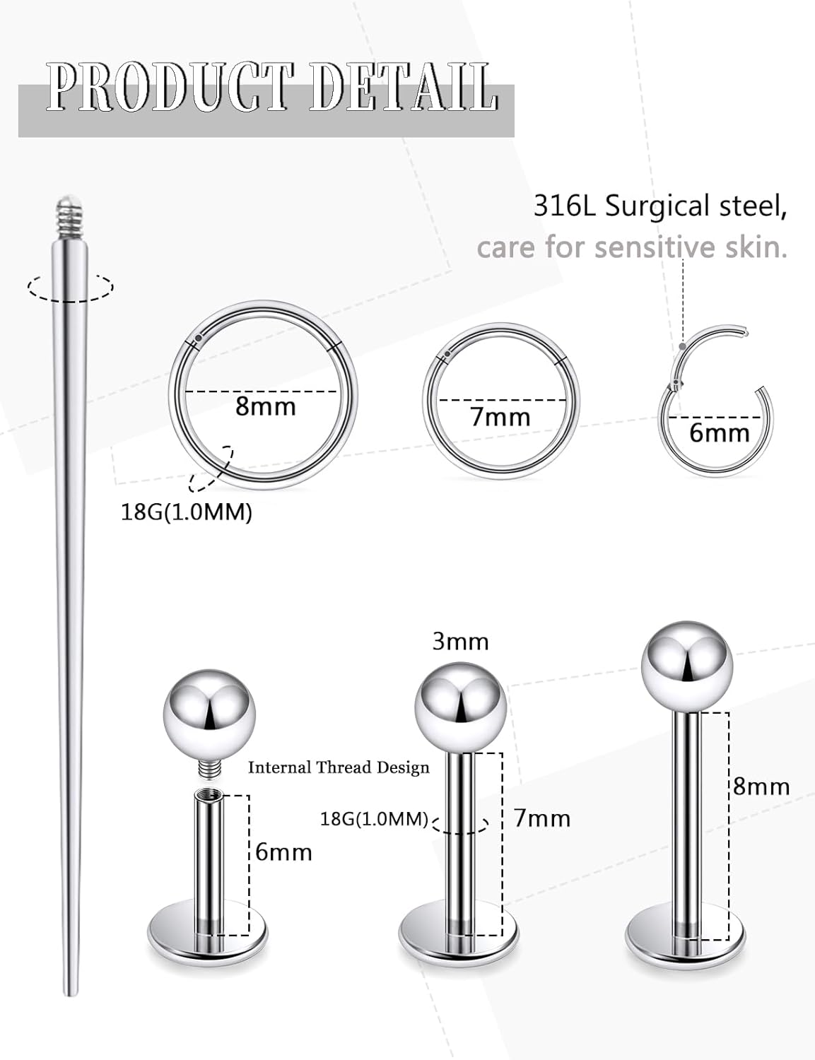 18G 16G 14G Internally Threaded Nose Rings Studs Flat Back Stud Earrings 316L Surgical Steel Nose Rings Studs Tragus Helix Conch Cartilage Lobe Earrings Hoop Piercing Jewelry For Women Men - Image 2