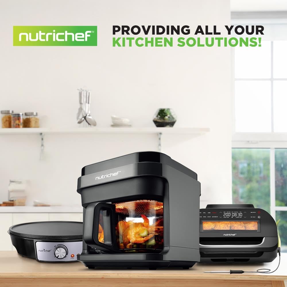 NutriChef Freidora de aire caliente de 5,5 L, color negro, 8 en 1, con recipiente de cristal y pantalla táctil LED, para freír sin aceite, circulación de aire caliente de 360°, para patatas, pollo