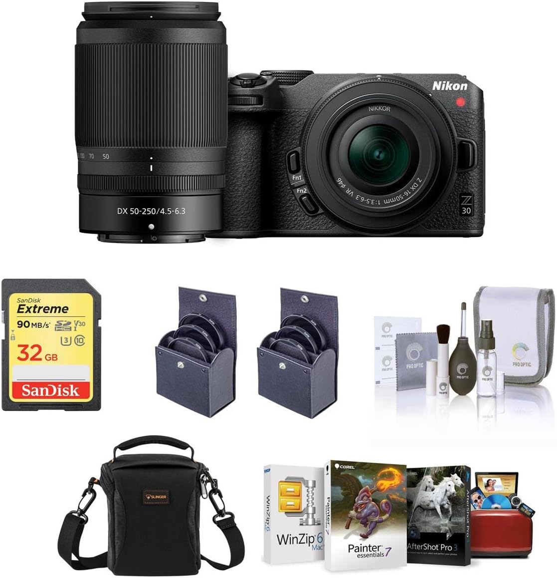 Nikon Z 30 Mirrorless Camera with 16-50mm & 50-250mm Lens, Bundle with Corel Mac Photo Editing Software Suite, 32GB SD Memory Card, Bag, 62mm and 46mm UV, CPL and ND Filters