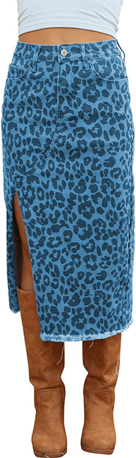 yoeasy Womens Casual Midi Denim Skirt Leopard Print High Waist Frayed Split Distressed Button Cheetah Jean Skirt