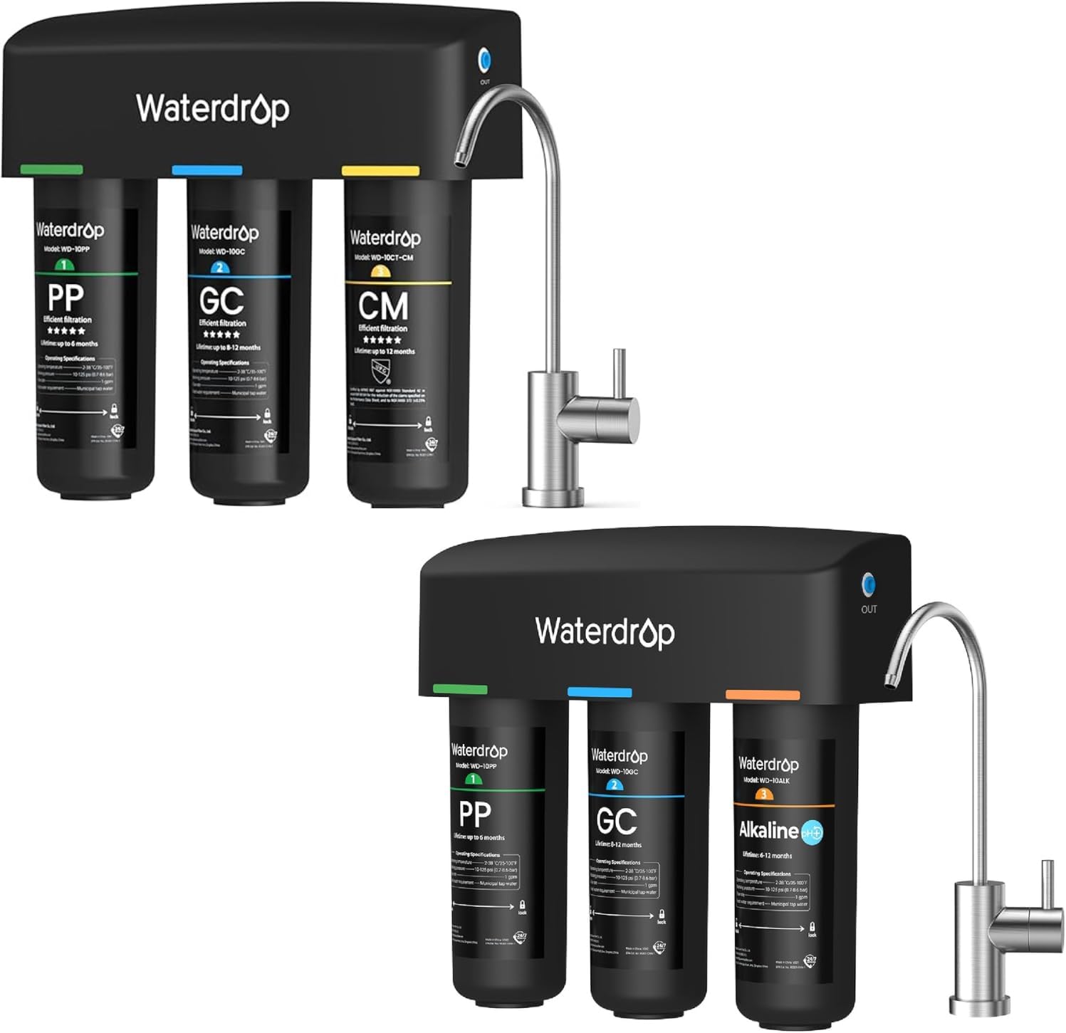 Waterdrop TSB-CM+TSB-ALK 8 Layer High Capacity Under Sink Water Filter, Reduces PFAS, PFOA/PFOS, Fluoride, Chlorine, Bad Taste & Odor, with Dedicated Faucet, Under Sink Water Filter,Bundle