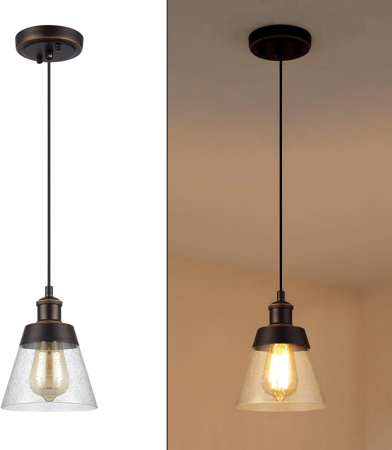 Rustic Glass Pendant Light with Handblown Clear Seeded Glass Shade, One-Light Adjustable Industrial Cone Mini Pendant Lighting Fixture for Kitchen Island Cafe Bar Farmhouse, Oil Rubbed Bronze