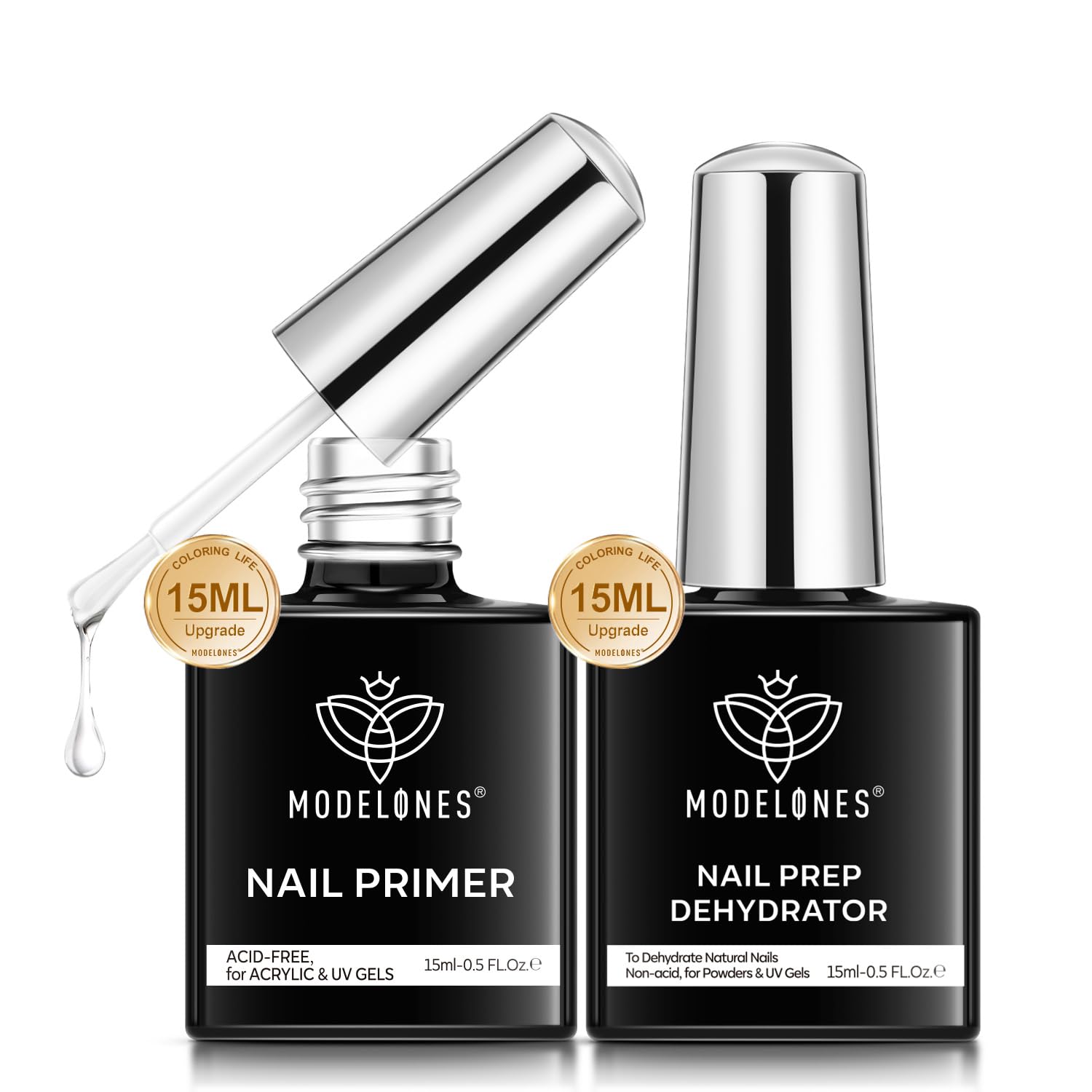 Modelones Primer Uñas Semipermanente, Deshidratador para Uñas y Primer Uñas de Gel para Pintauñas Esmaltes Semipermanentes, Polvo Acrilico, Polygel Constructor Kit Uñas Manicura y Pedicura- 2pcs x15ml