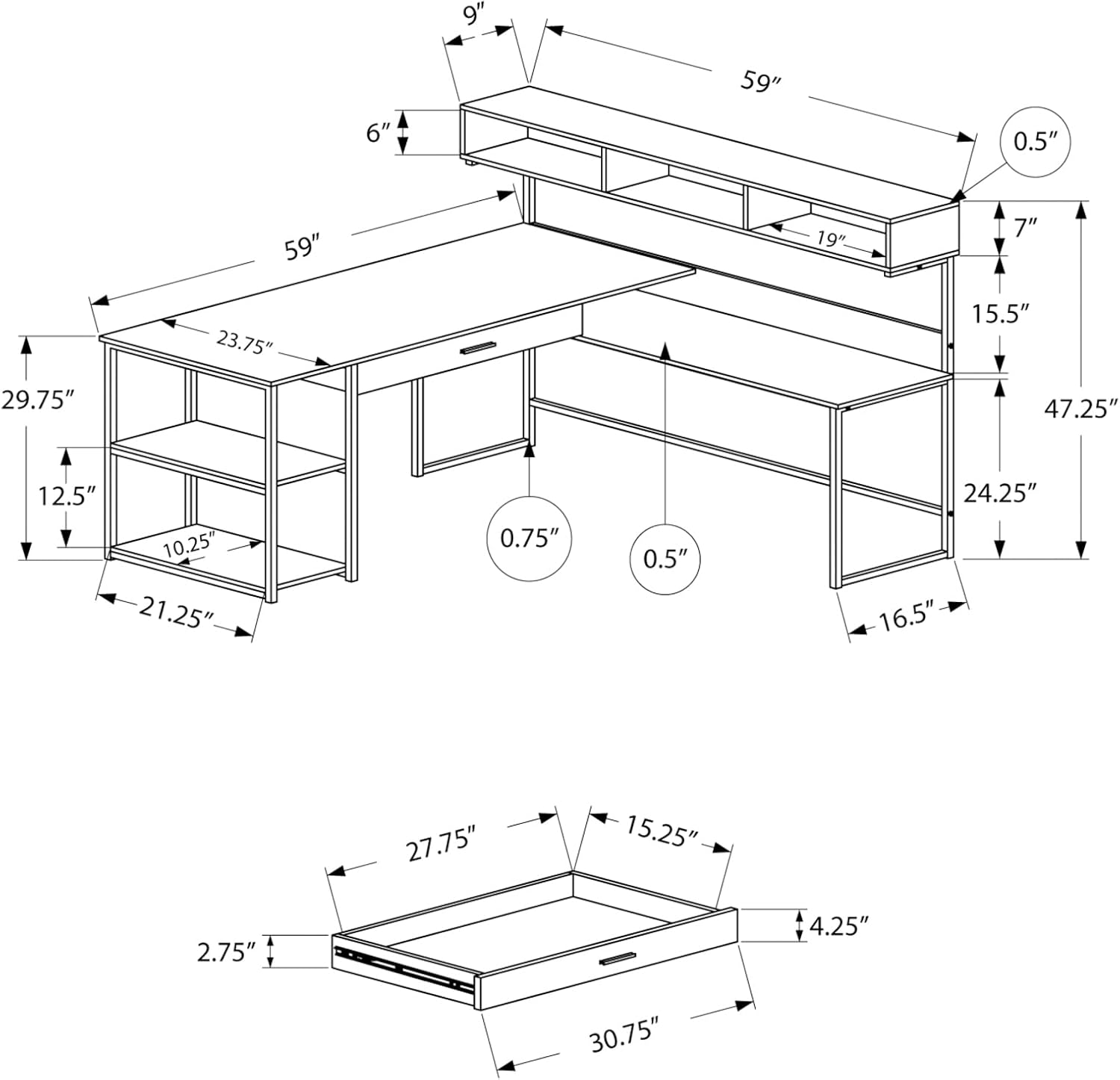 Monarch Specialties L-Shaped Corner Desk dimensions diagram