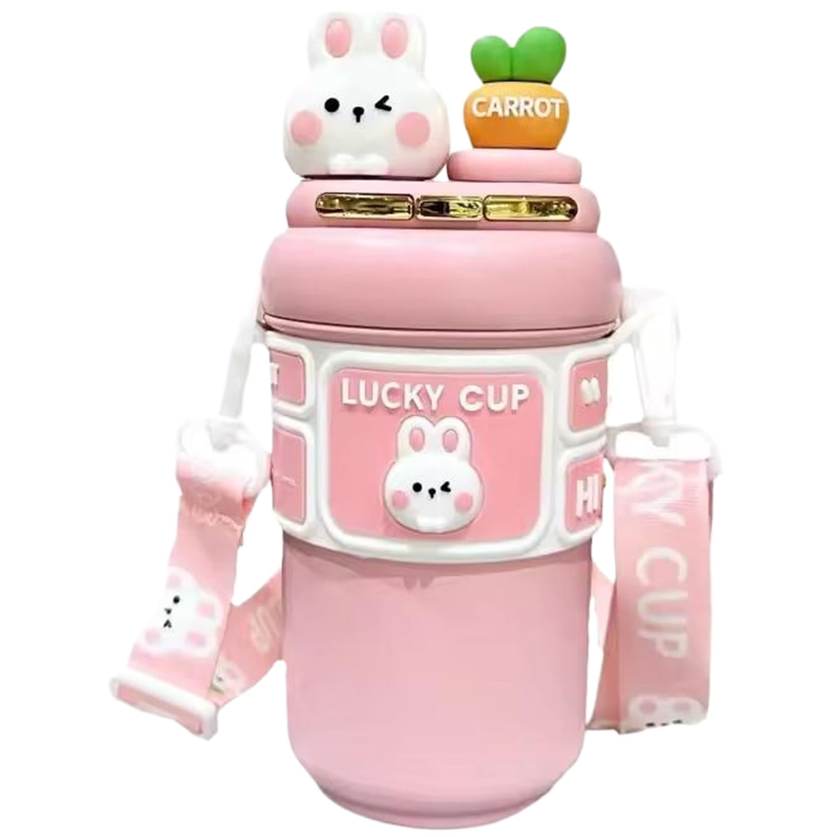 HoveeLuty Kawaii Water Bottle, 19oz Stainless Steel Water Insulation Bottle with Straw & Adjustable Strap, Cute Rabbit Leak-Proof Bottles for Girls Sports Camping Travel (Pink) Kawaii