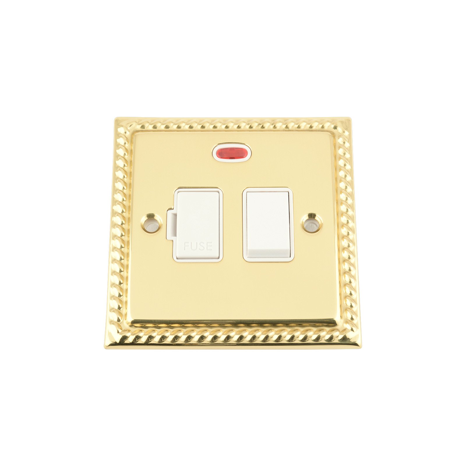 A5 Products White Fused Switch With Neon - Polished Mirror Brass Georgian - Insert Plastic Switch - 13 Amp Switched Fused Spur Unit