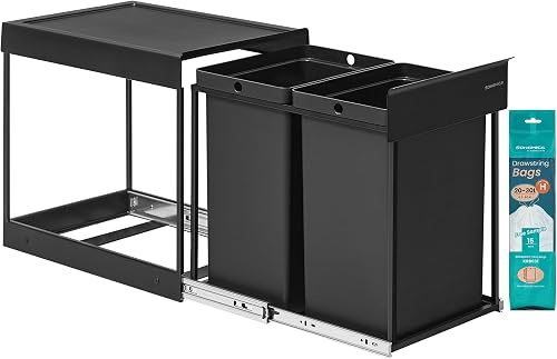 SONGMICS Kitchen Bin for Recycling and Waste, Built-in Rubbish Bin for Cabinet, 2 x 5.3 Gallon (20 L) Double Compartments, Smooth Pull-Out Design, Steel Frame, ABS Lid, Ink Black LTB951B01 - 1