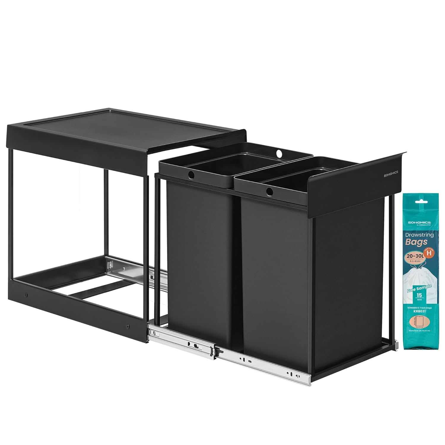 SONGMICS Mülleimer küche  Mülltrennsystem für Unterschrank  2 x 20 L  Abfalleimer 2 Fächer  ausziehbar  Stahlrahmen  ABS-Deckel  tintenschwarz LTB951B01