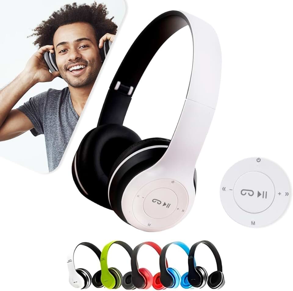 Fone de Ouvido Bluetooth P47 Sem Fio com Microfone, Headphone Dobrável com Rádio FM, Suporte Cartão SD, Bateria Recarregável, Compatível com Android, iPhone e PC