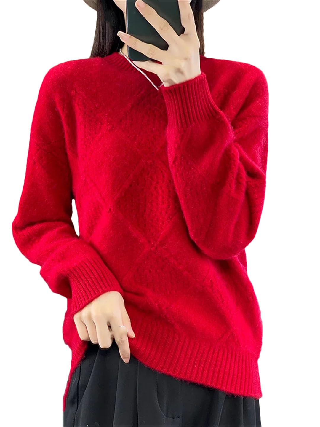 Vogrtcc Maglione da Donna Autunno Inverno O-Collo Pullover Cavo Maglieria Casual in Lana E Cashmere