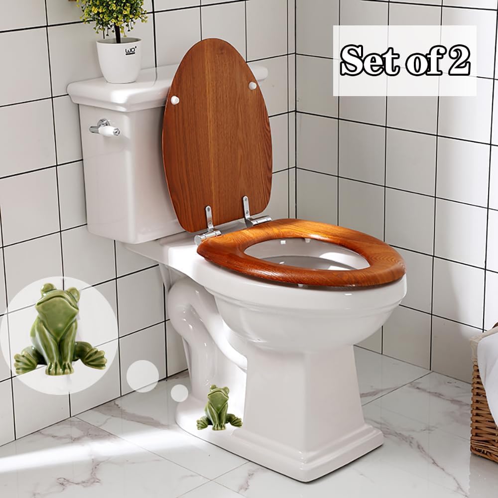 Ceramic Frog Toilet Bolt Covers Decorative, Set of 2 Tall Toilet Bolt Caps,Cute Frog Toilet Screw Cover Caps, Toilet Caps for Bottom of Toilet for Bathroom Decor, Easy to Install (B - Green)
