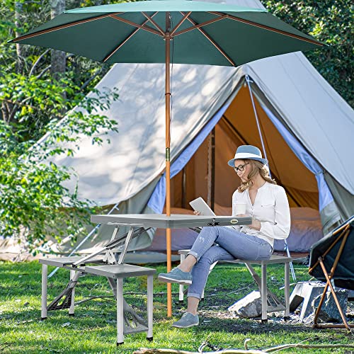 Outsunny Portable Foldable Camping Picnic Table Set With Four Chairs And Umbrella Hole, 4-Seats Aluminum Fold Up Travel Picnic Table, Grey #TOP1