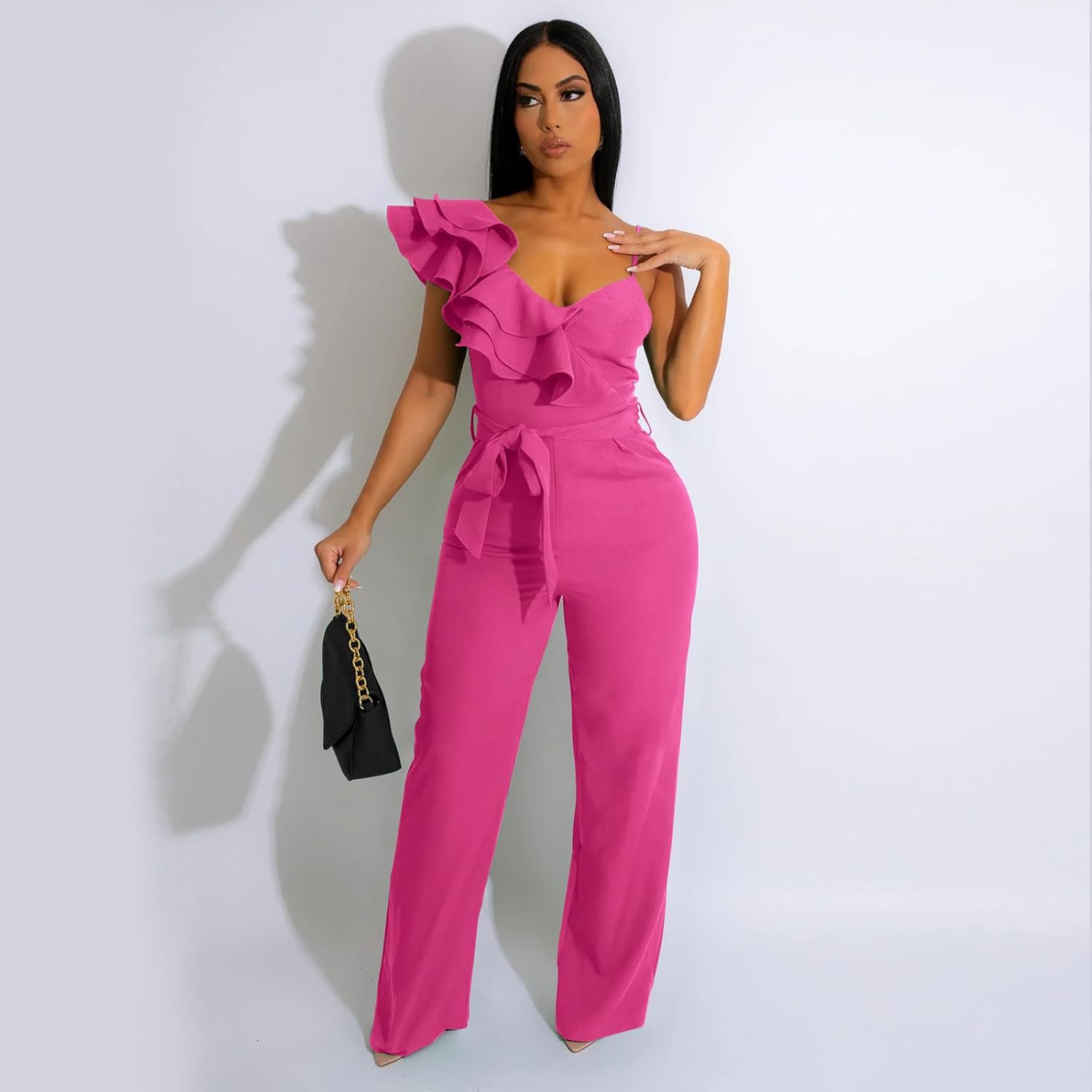 kaimimei Womens Casual Jumpsuits V-Neck Sleeveless Ruffle Backless Belted Wide Leg Pant Sexy Romper Party Clubwear Hot Pink#1 M - Image 3