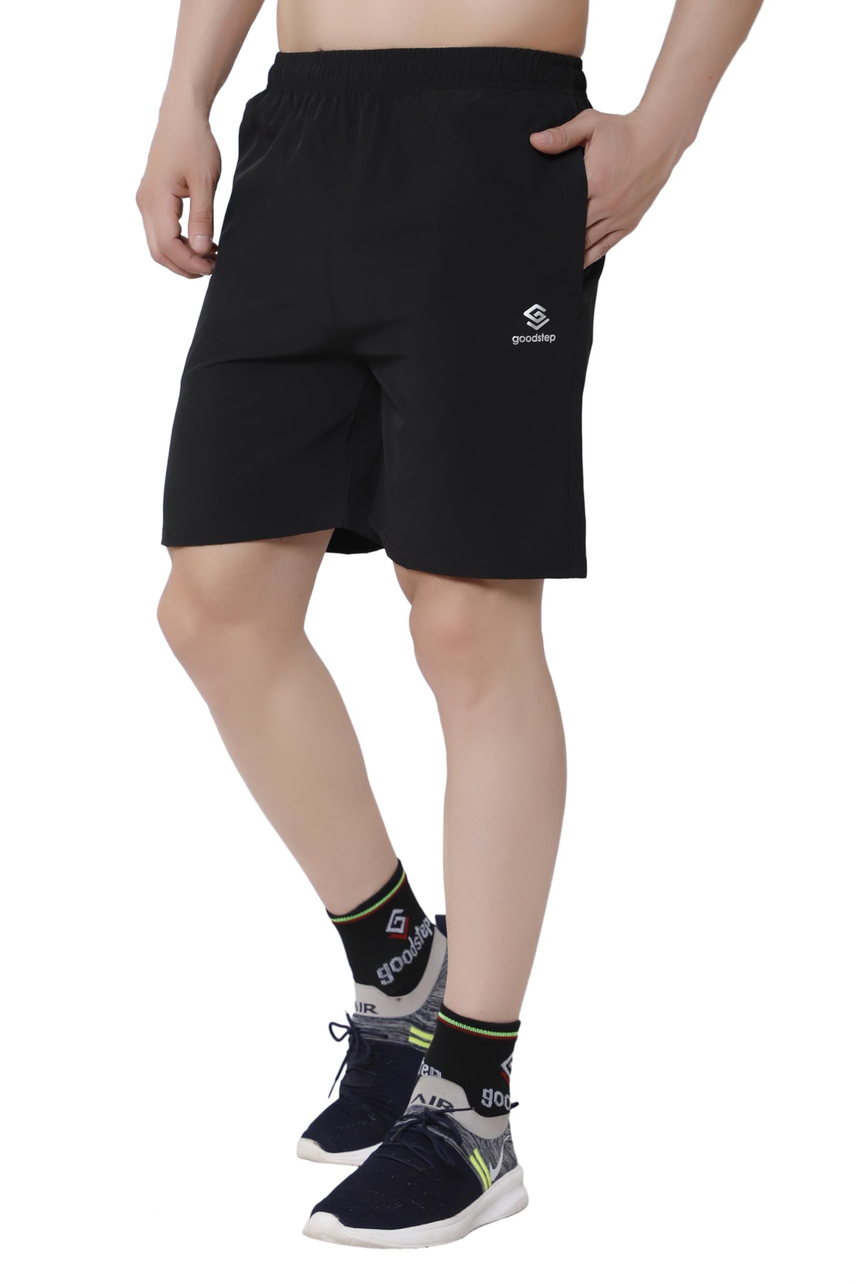 Good Step Oxygen Short 2 Side Zipper Pocket N.S.Lycra Plain Half Pant Black-image-20