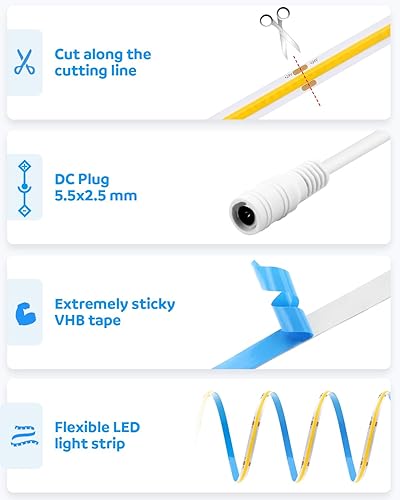 Miniatura 9 de Aclorol Tira de luces LED azules de 32.8 pies, tira de luz LED COB de 24 V, cinta LED flexible para dormitorio, cocina, armario, otra decoración