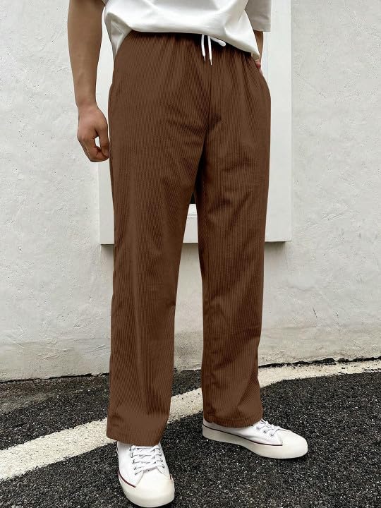 Image of Men's Comfortable Corduroy Pants | Relaxed Fit Stretch Waist Trousers for Everyday Wear Cream