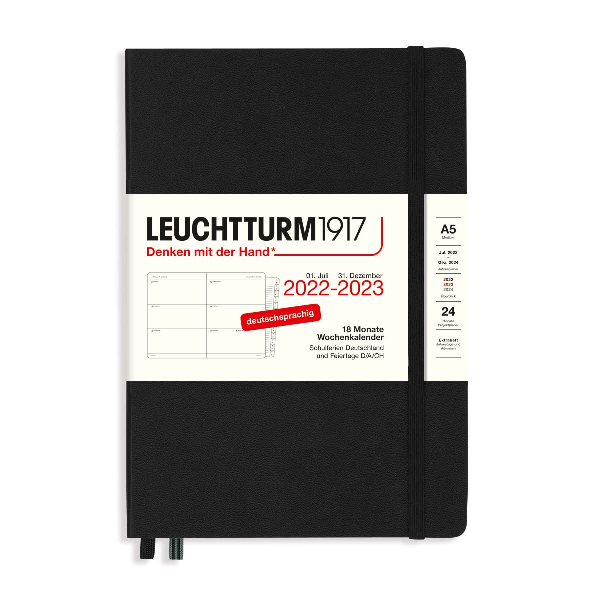 LEUCHTTURM1917 365819 Weekly Planner Medium (A5) 2023, 18 Months, Black, German