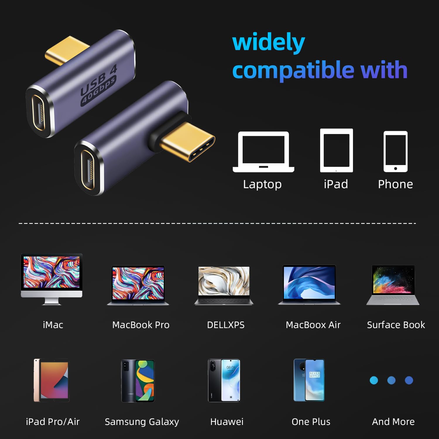 SinLoon 240 W USB C 90 Grad Winkeladapter 40 Gbit/s Typ C Stecker auf Buchse Extender Connector Adapter, unterstützt 8K Audio und Video 240 W/50 V Aufladen, geeignet für Tablets, Laptops